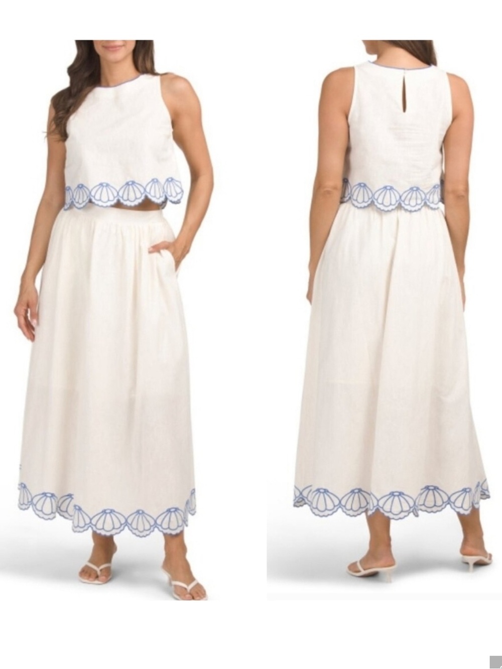 Calypso St. Barth White Maxi Skirt & Top with Blue Scallop Embroidery